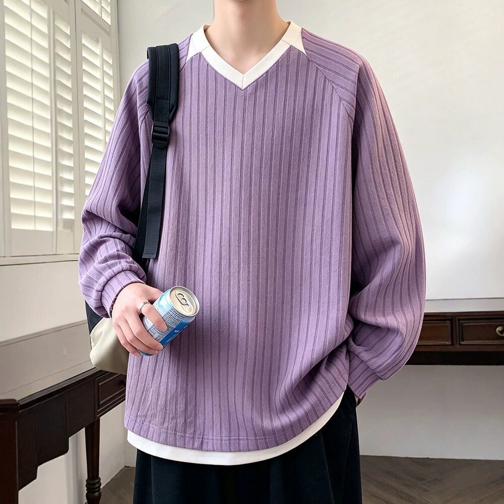 美式潮牌假两件卫衣男秋季新款撞色v领套头上衣宽松大码长袖t恤男