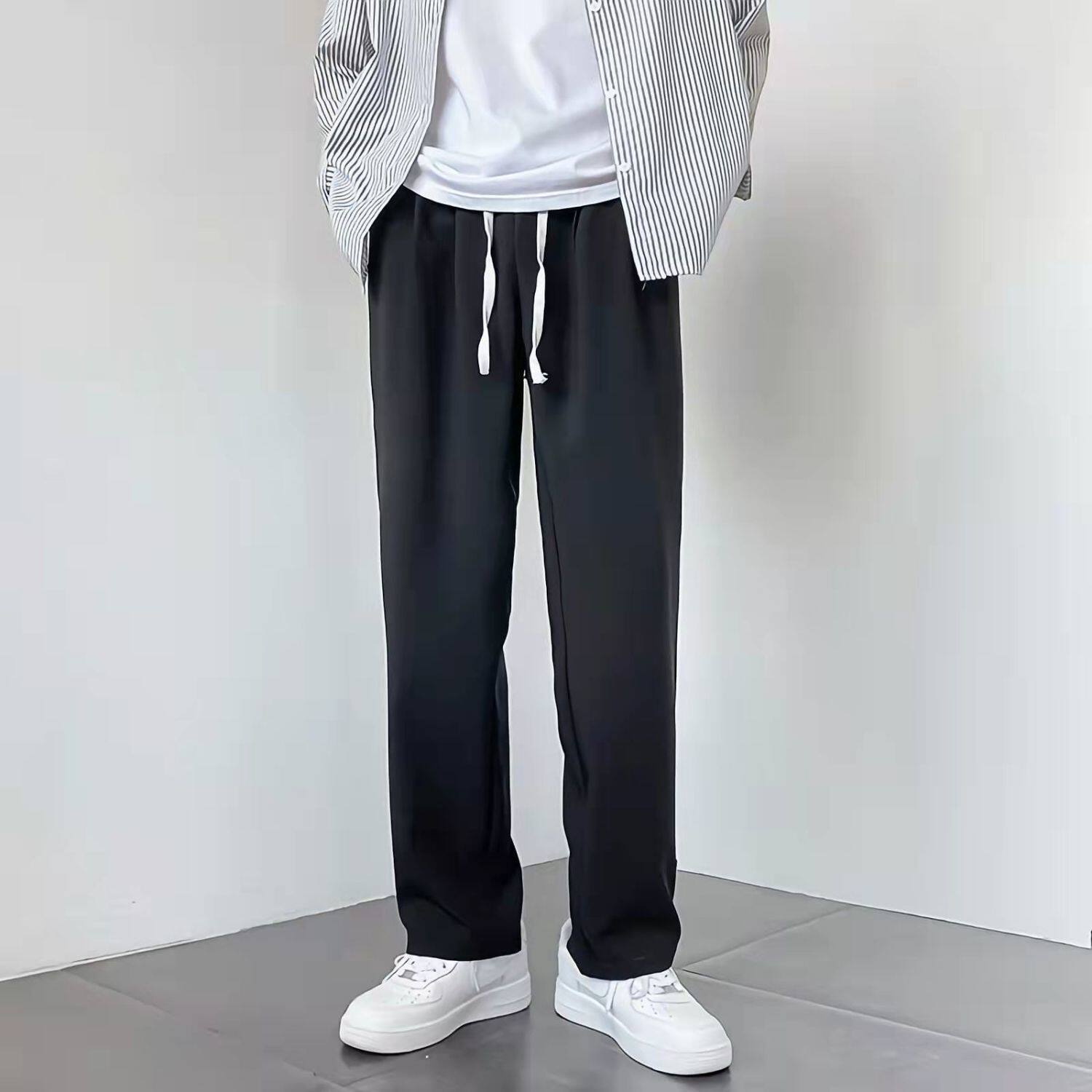 夏季裤子男黑色直筒宽松休闲帅气潮流拖地裤西裤男生冰丝薄款长裤