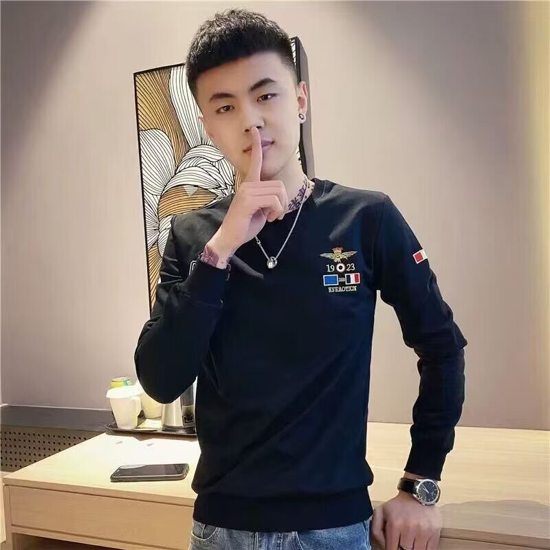痞帅小码男装长袖T恤休闲内搭上衣小伙卫衣潮流时尚白色圆领ins潮