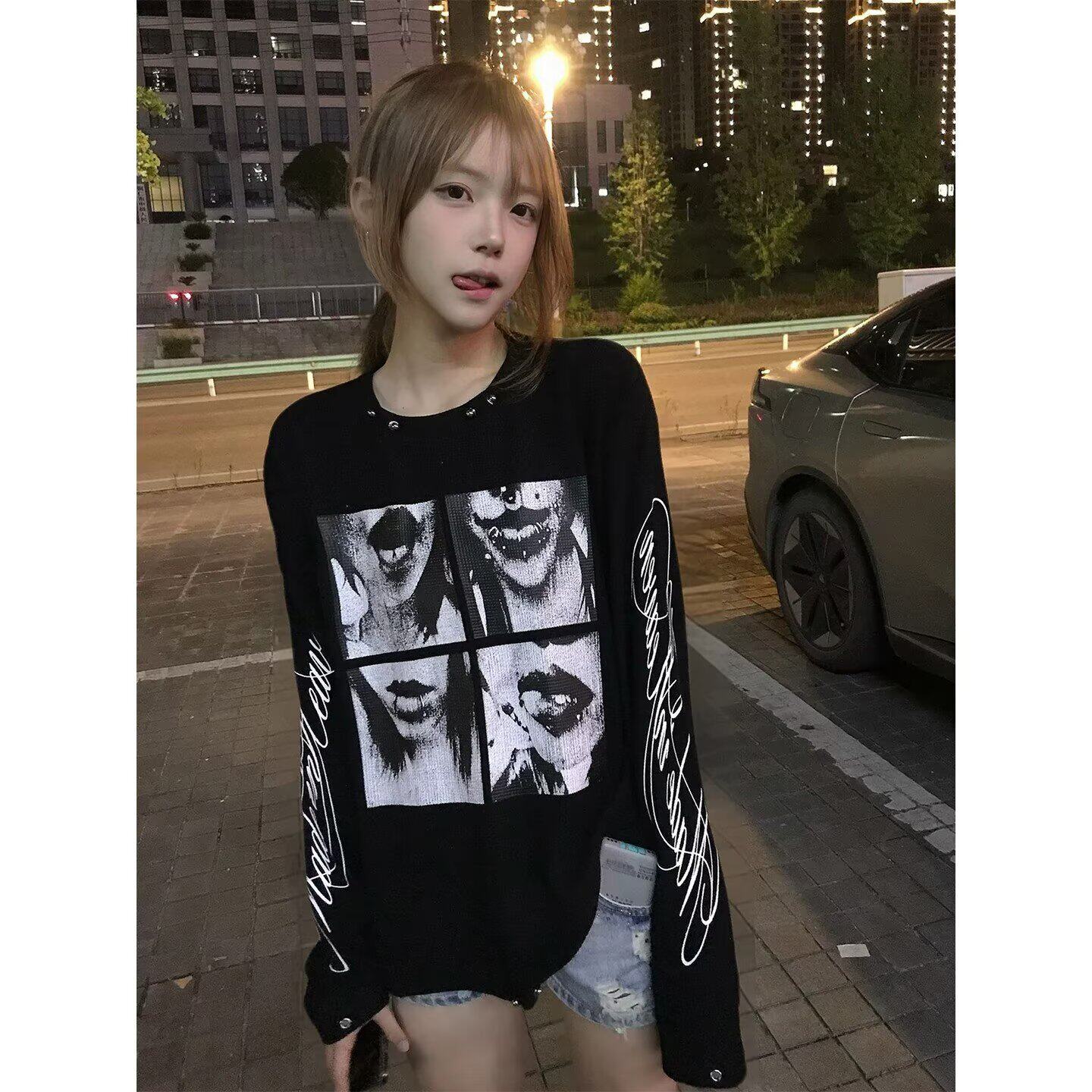 原宿春秋男士摇滚朋克金属美宽松个性长袖T恤打底衫气质时尚文艺