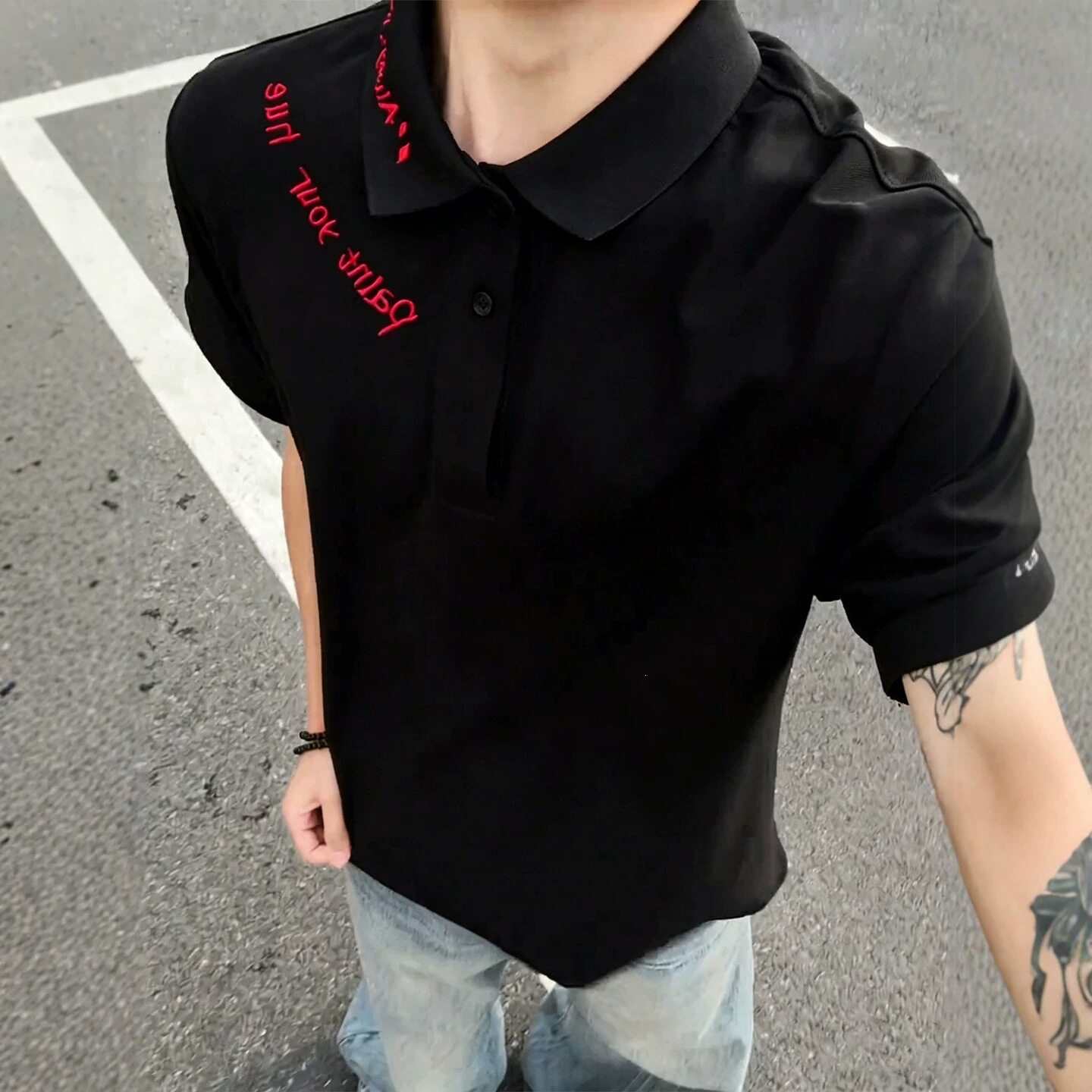 美式字母刺绣polo衫短袖男款夏季高级感翻领正肩T恤cleanfit半袖图片