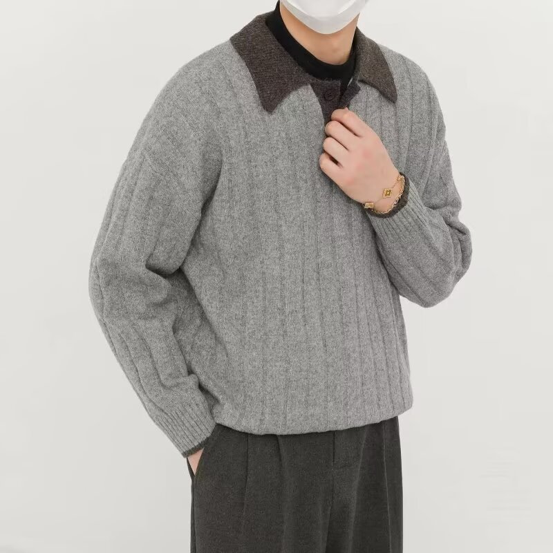 复古老钱风撞色坑条POLO领套头毛衣男士休闲慵懒风宽松针织衫秋冬