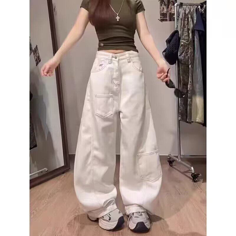 美式复古明线解构白色弯刀牛仔裤女街头垂感高腰显瘦宽松阔腿长裤