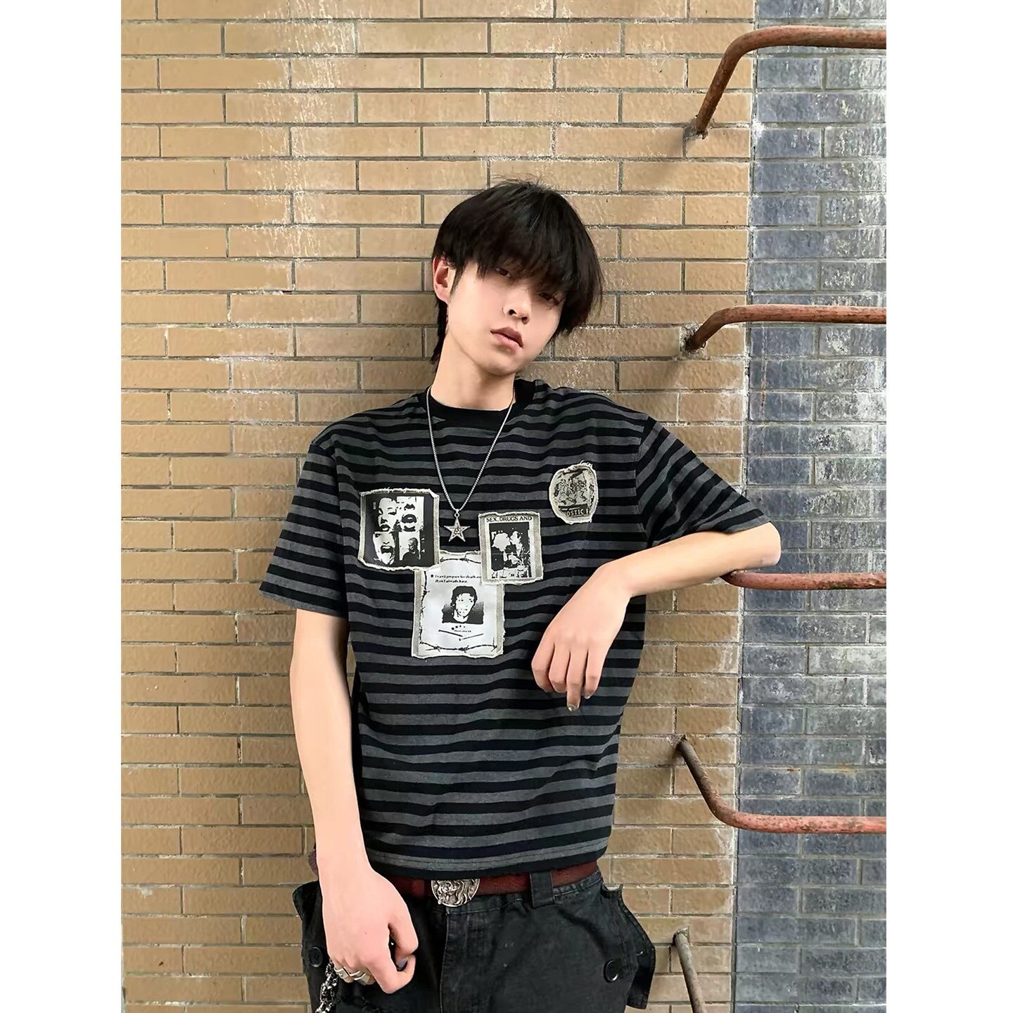 美式黑灰条纹复古毛边短袖男夏季咔叽风做旧拼接水洗T恤上衣