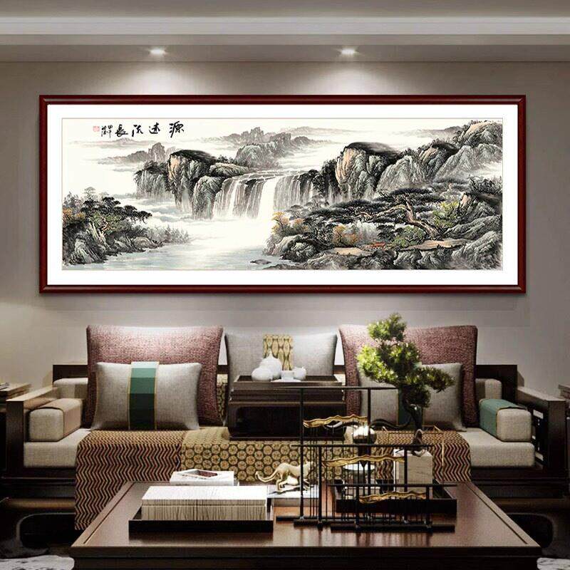 新中式客厅沙发背景墙装饰画茶室实木画山水风景画壁画大气挂画