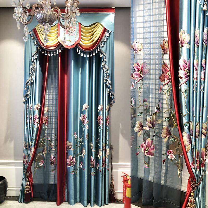 2025新款豪华别墅中式高档大气仿真丝拼接绣花窗帘窗幔成品定制