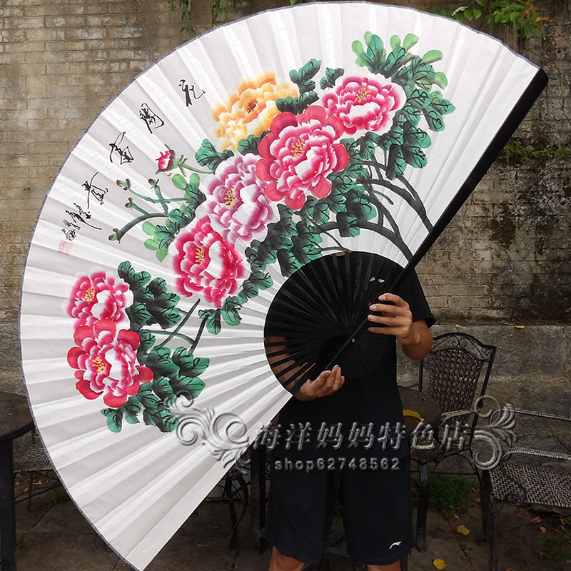 超大挂扇子餐厅沙发背景墙面装饰中国风个性创意牡丹图壁画花开富图片