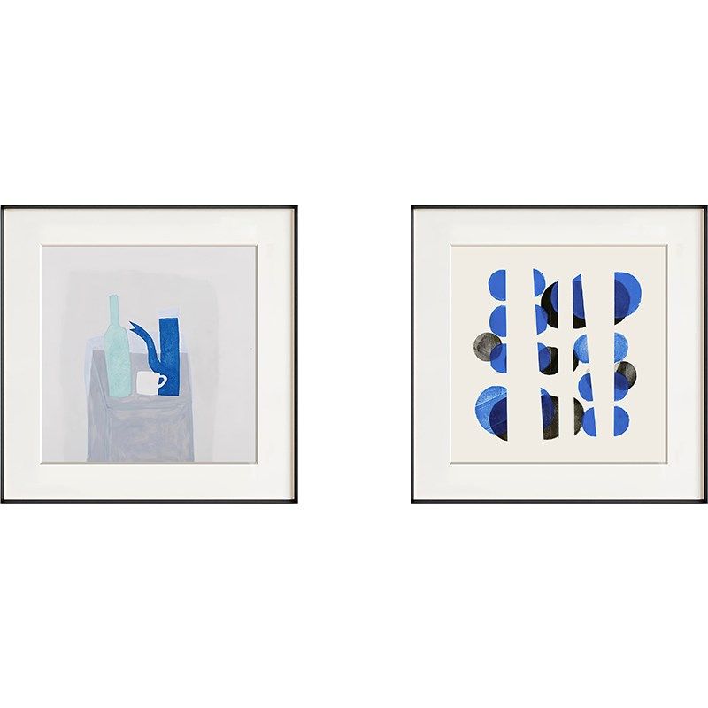 苍蓝 现代蓝色抽象饰画小新卧室挂画猫咪鱼插画