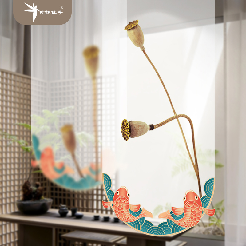 荷花客厅软隔断中式茶室书房卷帘窗帘艺术纱帘玄关屏风装饰垂挂帘