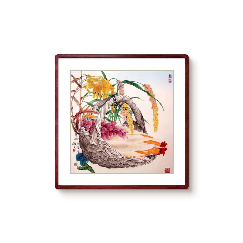 五谷丰登挂画鸟饰画麦穗丰收果实背景墙客厅壁画手绘国画