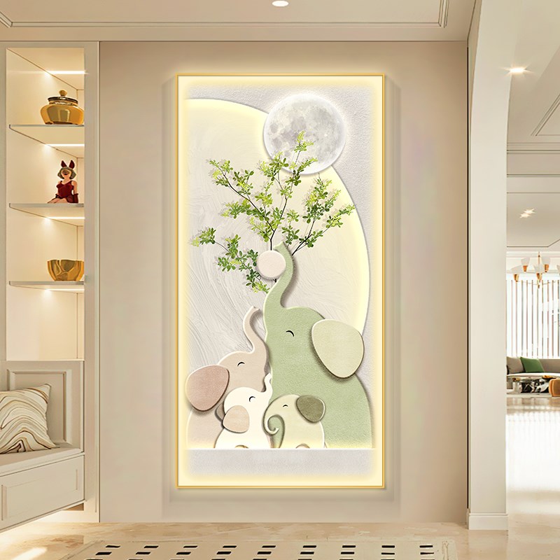 奶油风玄关装饰画带灯大象入户走廊尽头挂画寓意好客厅过道发光画