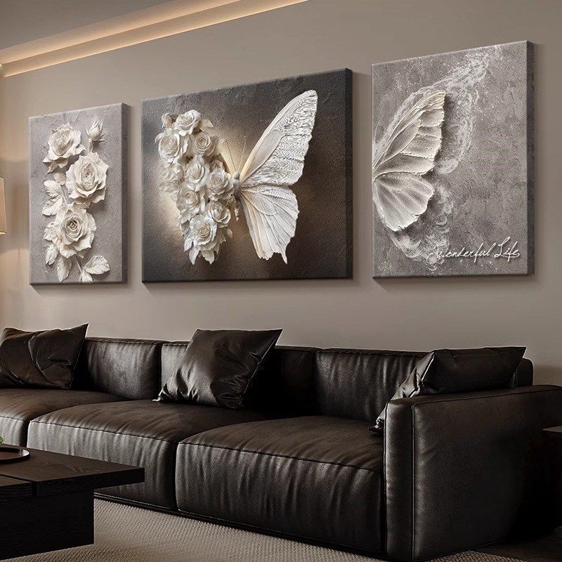 黑白蝴蝶客厅装饰画抽象新款三联画壁画级感沙发背景墙挂画,家居饰品,现代装饰画,淘宝优惠券,粉丝福利购,淘宝优惠卷