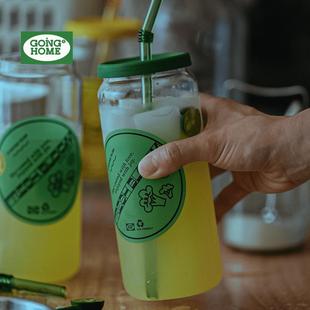 女生夏日水杯带盖夏天吸管杯果汁杯高颜值家用易拉罐玻璃杯食品级