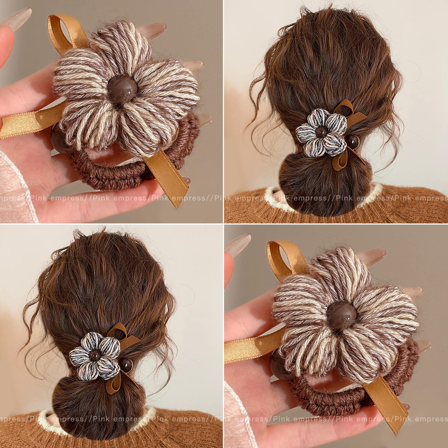 毛线花朵蝴蝶结发圈女高级感慵懒风扎丸子头皮筋发绳秋冬头绳发饰