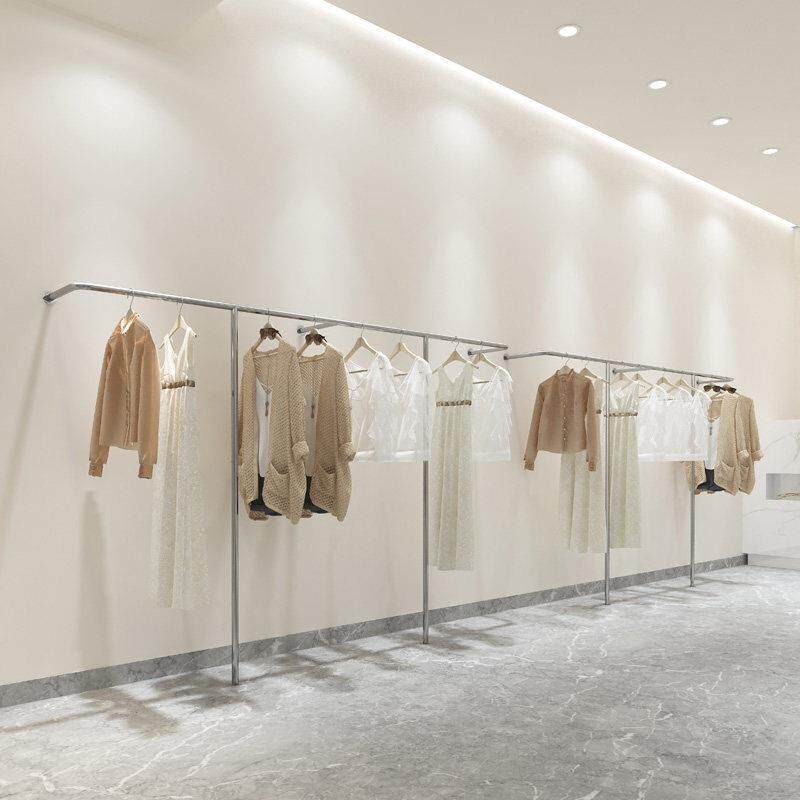 服装店展示架不锈钢上墙挂衣架女装店落地货架拉丝银色简约挂衣杆