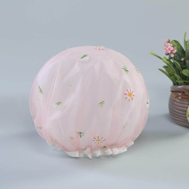 蕾丝刺绣双层防水浴帽家用女厨房网纱油烟帽家居日用防尘帽化妆帽