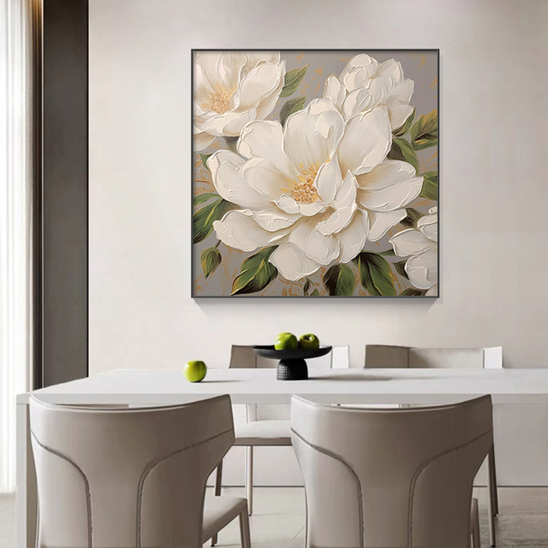 花卉餐厅装饰画正方形简约现代肌理砂岩画高级感饭厅壁画卧室挂画图片
