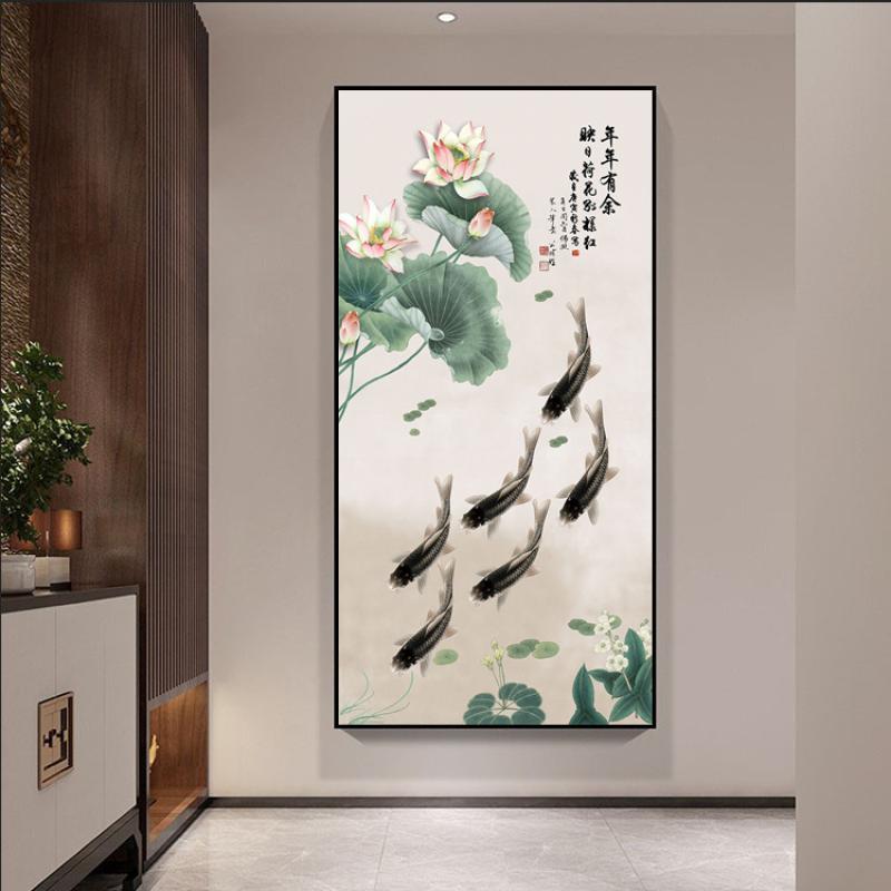 玄关年年有余新中式荷花装饰画挂画走廊尽头墙画背景墙六鱼图挂画图片