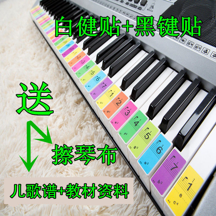 钢琴键盘贴电子琴键盘彩色贴纸54键61键彩色贴纸五线谱简谱键位贴