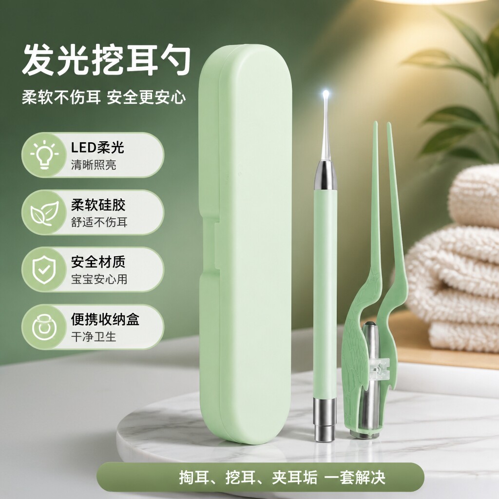 儿童硅胶带灯可视耳勺镊子套装