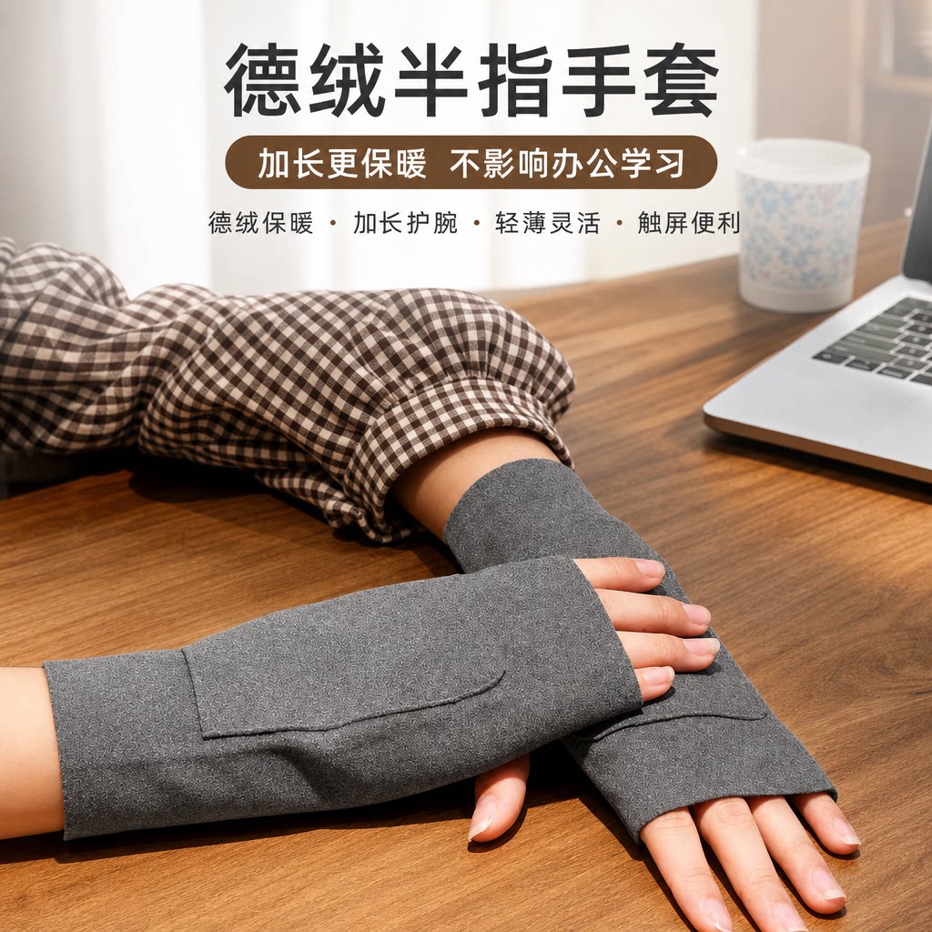 德绒半指手套女冬季半截漏
