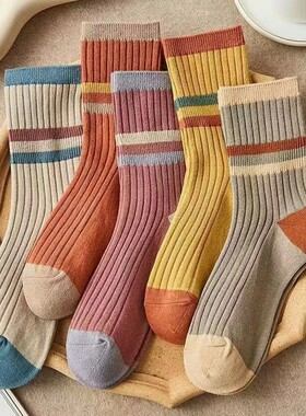 秋冬新款袜子女复古运动中筒袜条纹袜学生袜双针拼色耐脏女生长袜