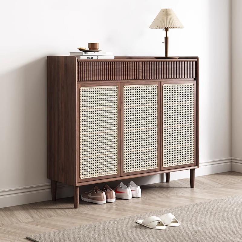 中古风实木藤编鞋柜家用门口复古收纳储物柜入户门厅玄关鞋柜一体