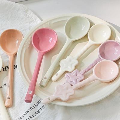 奶油风陶瓷勺子家用长柄勺汤匙个人专用汤勺小勺调羹手捏喝汤勺