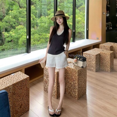 假两件上衣半松紧腰白色短裤