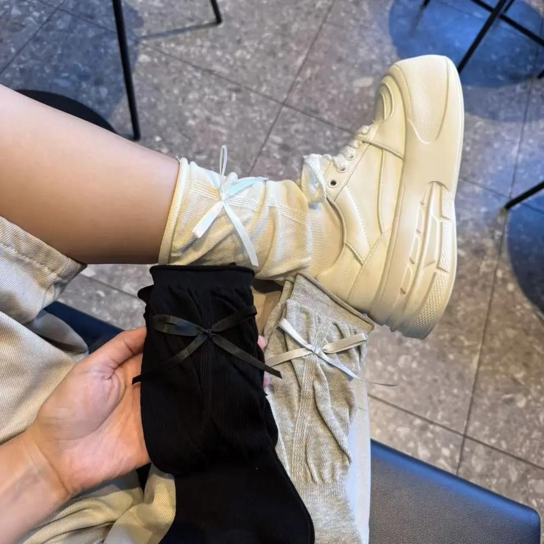 温柔白色芭蕾风堆堆袜甜美丝带蝴