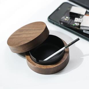 有盖防飞灰家用办公室实木质北欧轻奢客厅 黑胡桃木烟灰缸创意个性