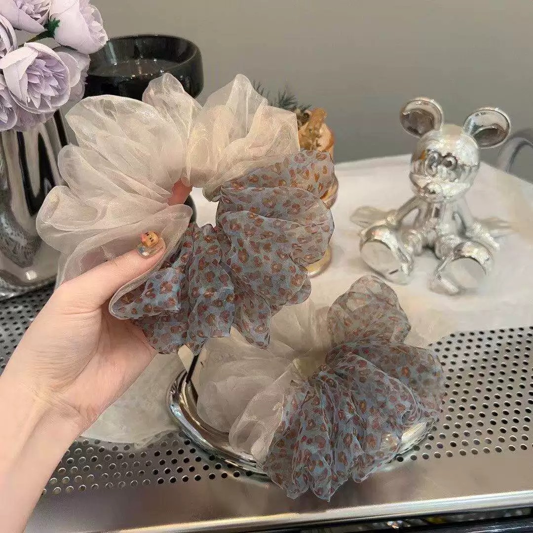 韩系蓝色豹纹网纱拼接大肠发圈女高级感丸子头扎头发超大发饰发圈图片