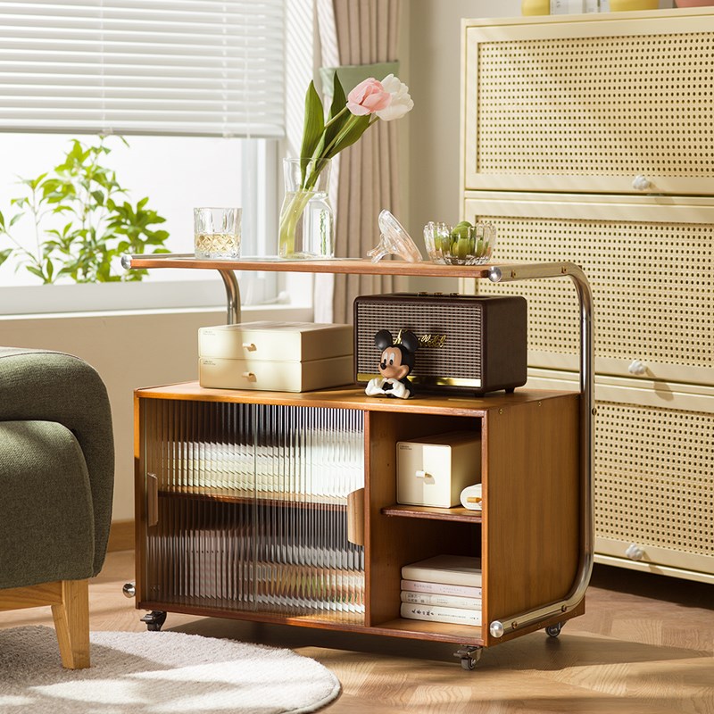 沙发边几边柜中古风玻璃门床头侧边柜小茶几小推车现代