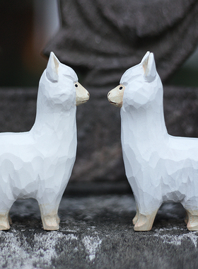 鹿妖商店 爱羊驼 纯手工天然木雕 实木动物雕塑 艺术家居