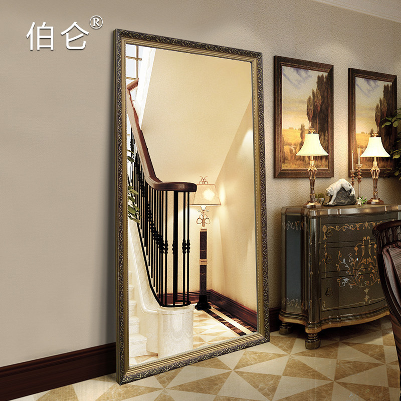 欧式实木穿衣镜全身镜壁挂试衣镜宿舍家用带支架落地镜立体大镜子