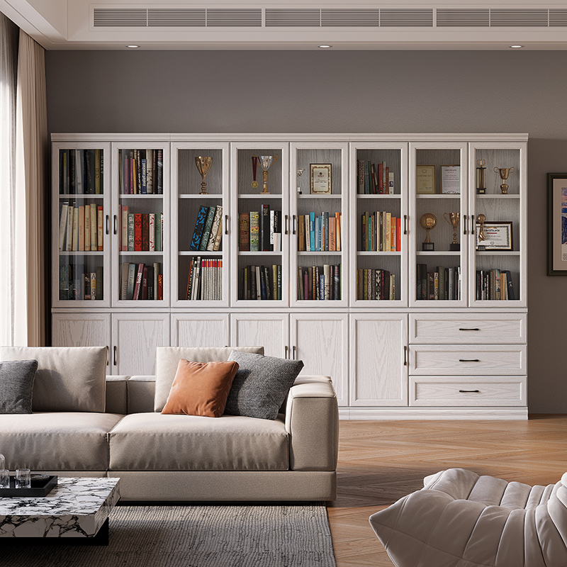 去客厅化书柜一体整墙带玻璃门家用陈列柜展示柜落地靠墙实木书架