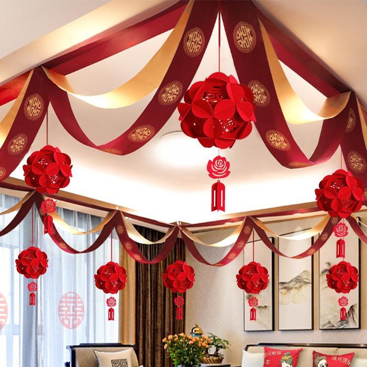 婚房布置套装女方新房卧室男方客厅顶部房间吊顶结婚拉花房顶装饰