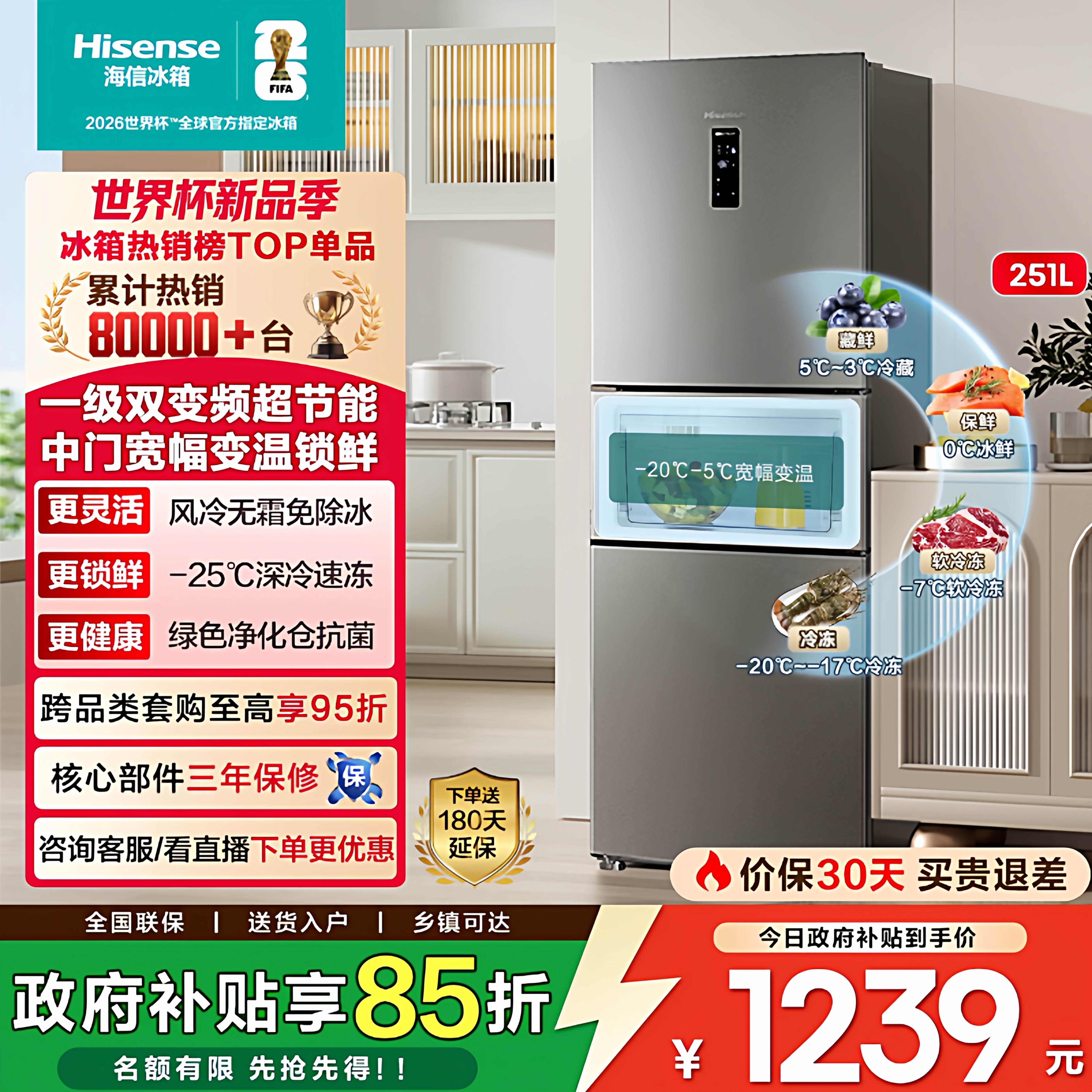 海信251L三开门电冰箱家用小户型一级能效无霜出租房以旧换新补贴