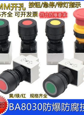 BA8030防爆箱防腐按钮自复位开关带灯急停按钮24/36/220/380V红色