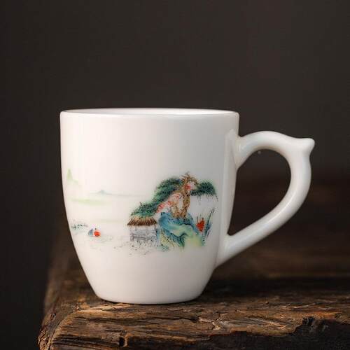 羊脂茶玉陶瓷小清新个YC00393人带把杯主人杯啡咖杯早餐杯茶水杯