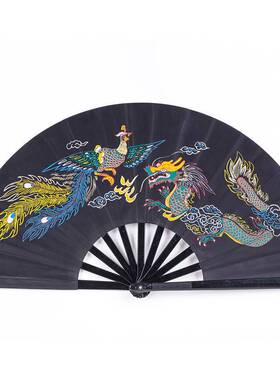 一尺全新塑料功夫扇彩龙龙凤牡丹扇响扇武术舞蹈表演扇随身太极扇