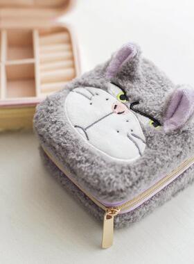 日系 可爱灰色猫帽子狗软绵绵首饰盒 便捷式戒指旅行小巧收纳盒