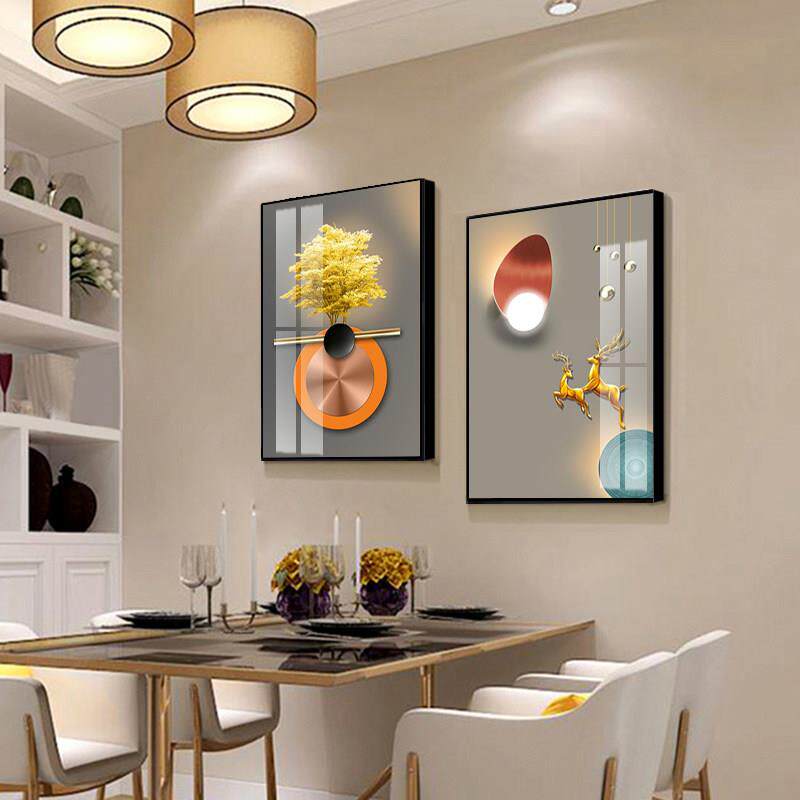 餐厅装饰画现代简约风格晶瓷画轻奢两联挂画饭厅背景墙面装饰壁画