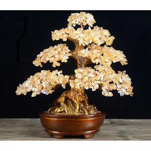天然黄水晶发财树摇钱树摆件手工编织招财乔迁新居客厅送礼装饰品