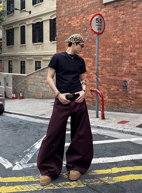 DBW Doublewin街头设计感倒置腰头弯刀裤男解构宽松休闲阔腿裤子