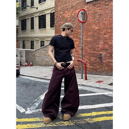 DBW Doublewin街头设计感倒置腰头弯刀裤男解构宽松休闲阔腿裤子