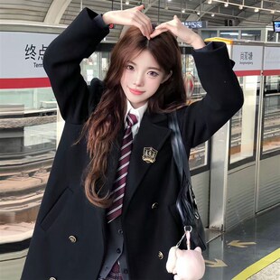 花千猪新品 森原中大衣       JK制服双排扣中长款黑色翻领呢大衣