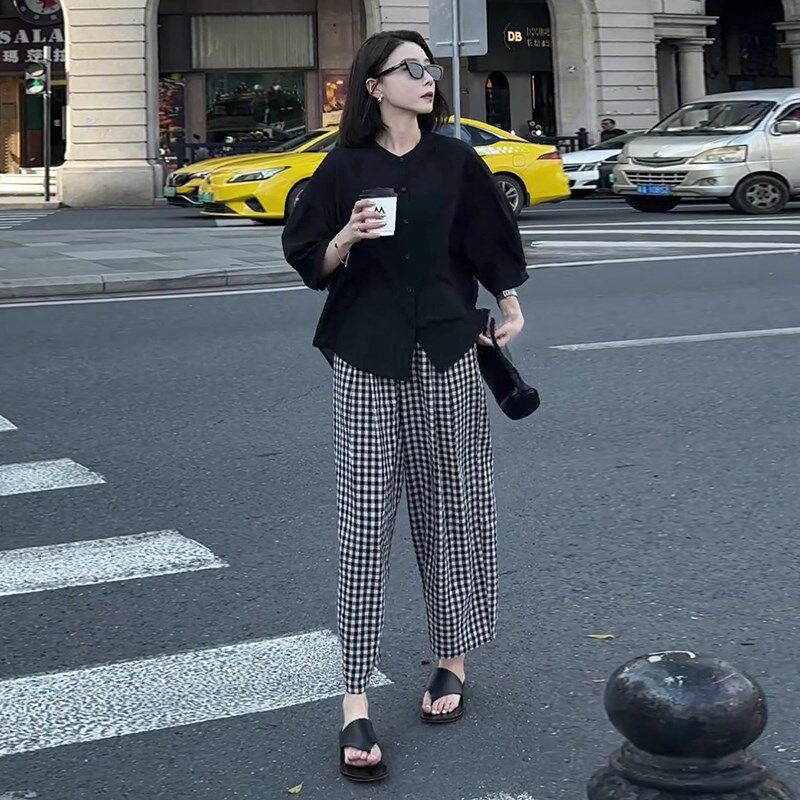 女装套装轻奢高级感女人味早秋新款开衫衬衫搭配格子阔腿裤两件套