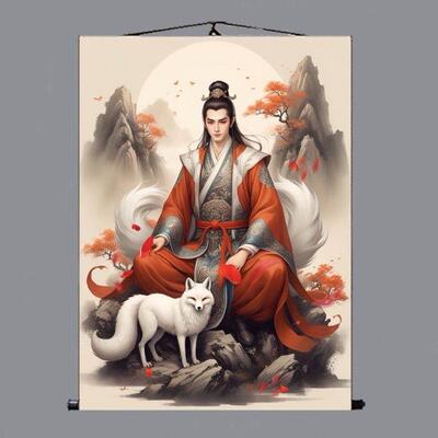 九尾狐画像挂画女狐娘娘男狐胡九霄家用供奉东北出马堂堂单卷轴画