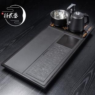 天然乌金石茶盘家用办公整块原石全自动一体烧水排水茶台茶海简约